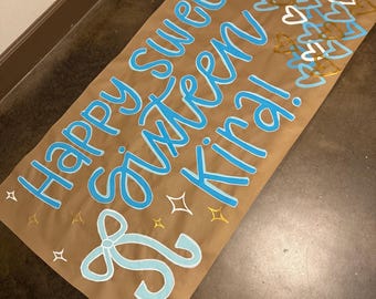 Custom Hand-Painted Birthday Party Banner, Coquette bow banner, Sweet Sixteen, Kraft paper banner, Party sign, Bow party, Coquette party
