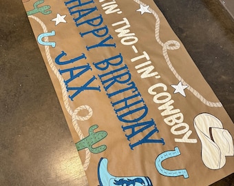 Custom Hand-Painted Birthday Party Banner, Cowboy party, Cowboy birthday sign, Kraft paper banner, Party sign, Backdrop