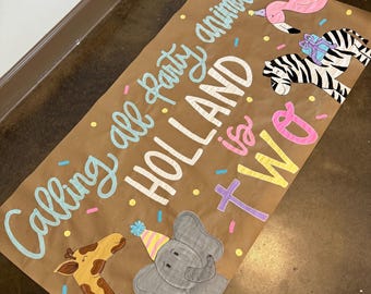 Custom Hand-Painted Birthday Party Banner, Party animals birthday, Safari birthday party, Kraft paper banner, Backdrop, Party sign