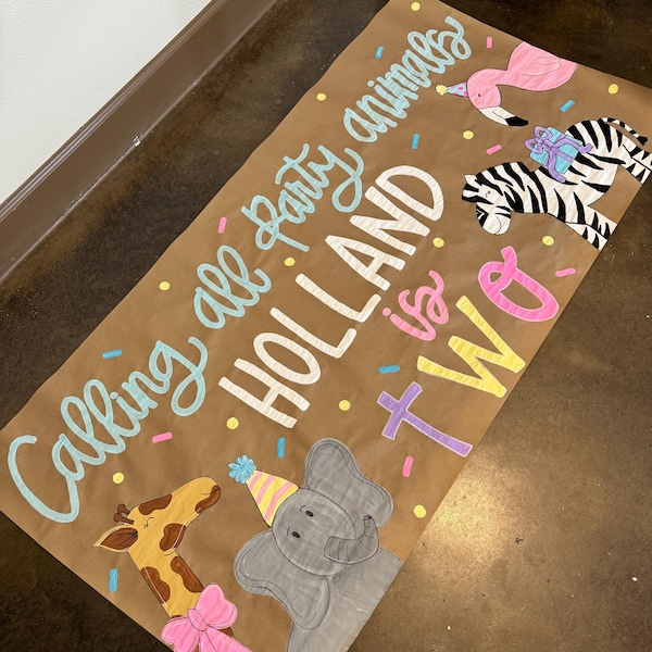Custom Hand-Painted Birthday Party Banner, Party animals birthday, Safari birthday party, Kraft paper banner, Backdrop, Party sign