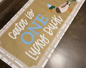 Custom Hand-Painted Birthday Party Banner One Lucky Duck First Birthday Mallard Duck Birthday Party Duck Birthday Sign