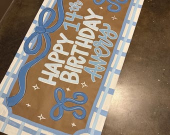 Custom Hand-Painted Birthday Party Banner, Coquette bow banner, Bow party sign, Kraft paper banner, Party sign, Backdrop