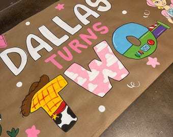 Custom Hand-Painted Birthday Party Banner, Toy Story birthday, Kraft paper banner, Backdrop, Party sign, girly Toy Story
