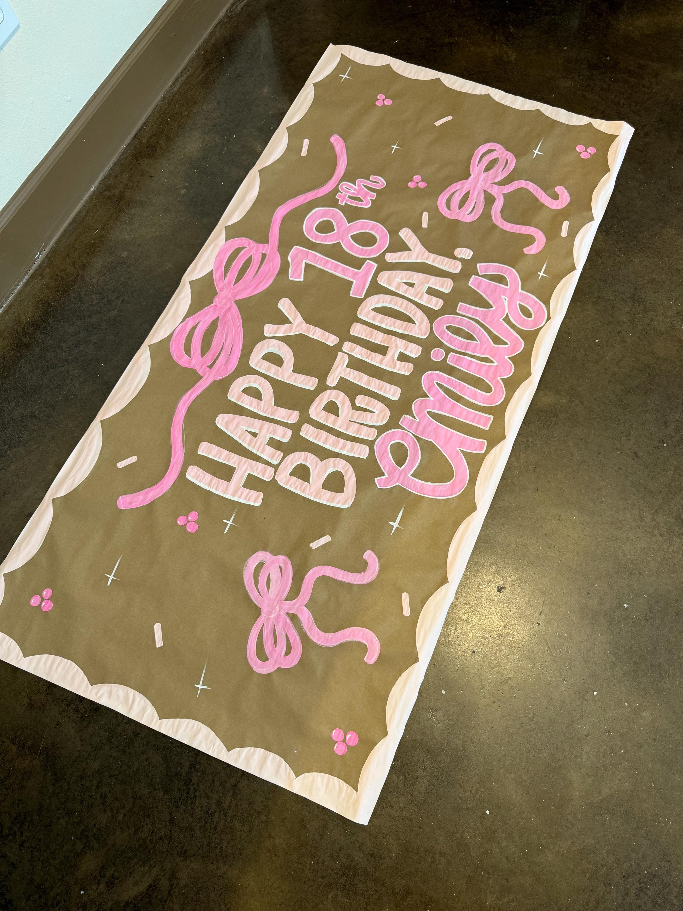 Custom Hand-Painted Birthday Party Banner, Coquette bow banner, Bow party sign, Kraft paper banner, Party sign, Backdrop