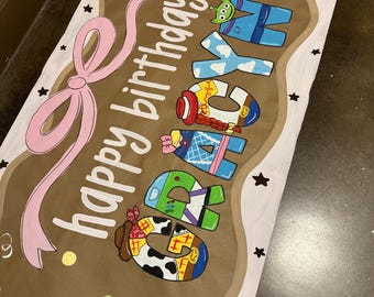 Custom Hand-Painted Birthday Party Banner, Toy Story birthday, Kraft paper banner, Backdrop, Party sign, girly Toy Story