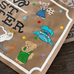 May include: Brown paper with a white border featuring colorful cartoon illustrations and the text "Wall's Easter". The illustrations include a mouse in overalls, a teddy bear, and a blue creature. Colorful dots are scattered around the images.
