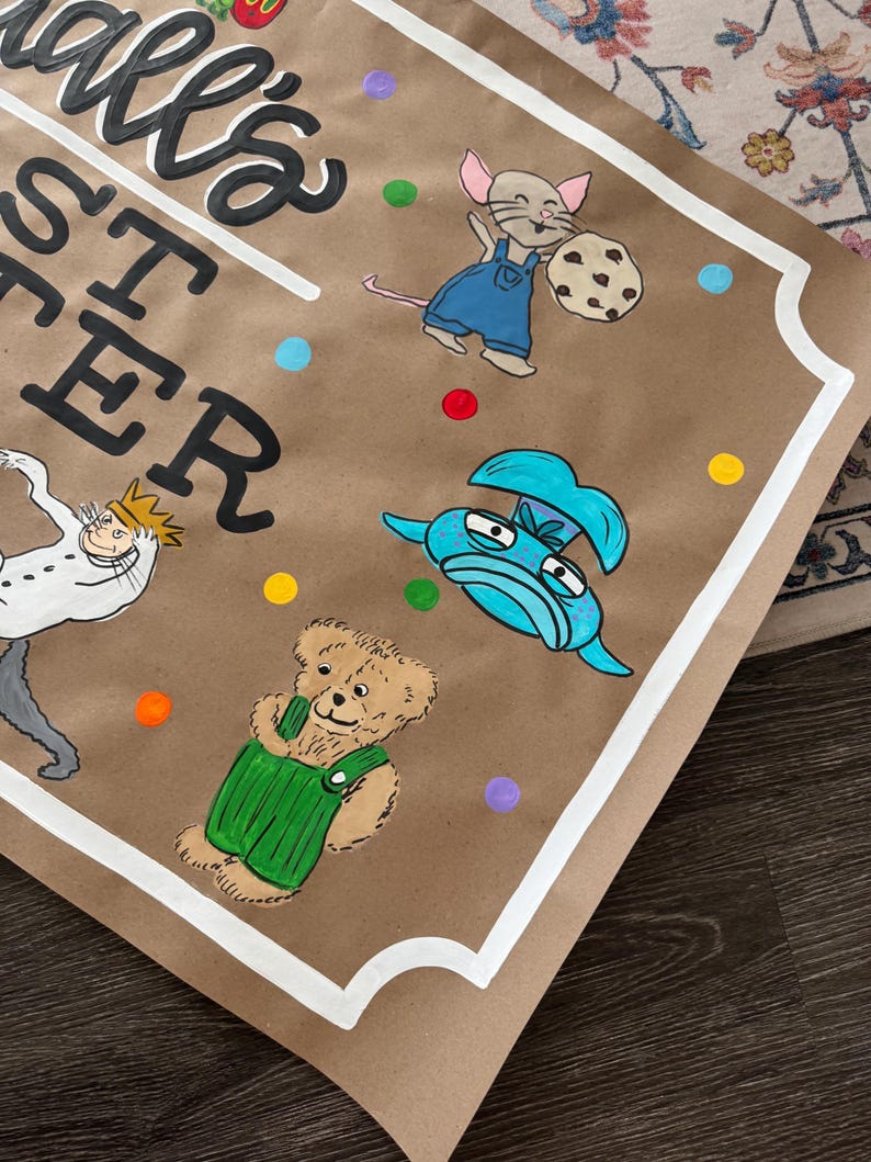 May include: Brown paper with a white border featuring colorful cartoon illustrations and the text "Wall's Easter". The illustrations include a mouse in overalls, a teddy bear, and a blue creature. Colorful dots are scattered around the images.