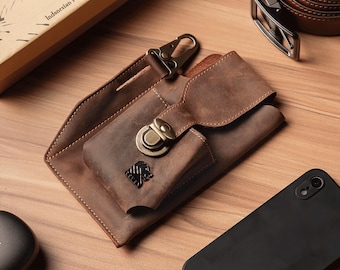 Cowhide Leather Phone Belt Pouch: Rugged Waist Bag, Key Hook