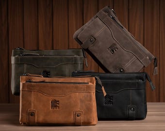 Bolso de mano de piel para hombre, estilo Crazy Horse, de piel de vacuno plena flor, con ranuras para tarjetas y correa.