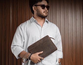 Bolso de mano de piel de vaca hecho a mano: bolso de mano vintage para hombre