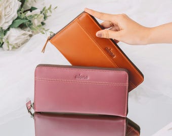 Women's Leather Long Wallet: Handmade Leather Clutch with Zipper Pockets