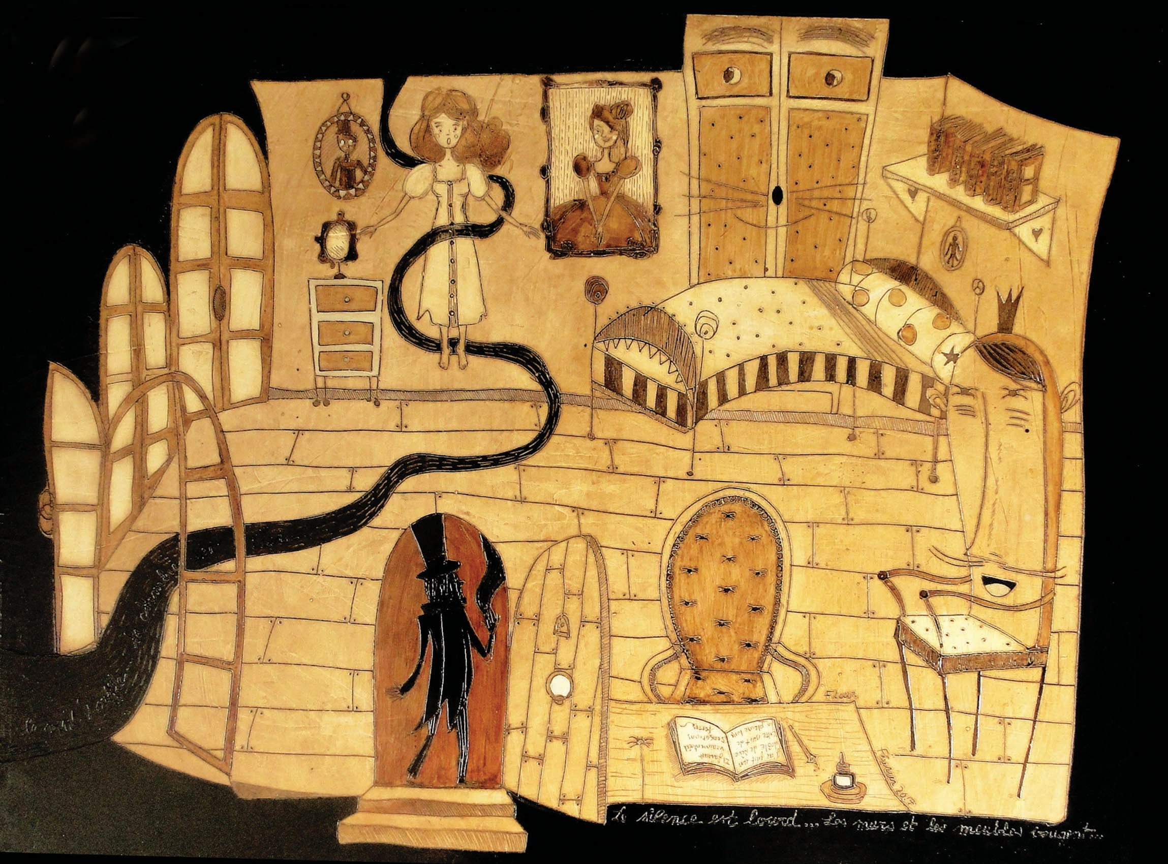 La Chambre Hantée - Gravure à La Pointe sur Enduit Laquer et Panneau Bois - Acrylique, Encre, Peintu