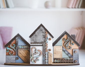 Vintage Rustic Standing Houses Trio, Laser Cut, Hand Painted, Houses, Home Decor, Home Accent, Rustic, Vintage, Wood, Patina