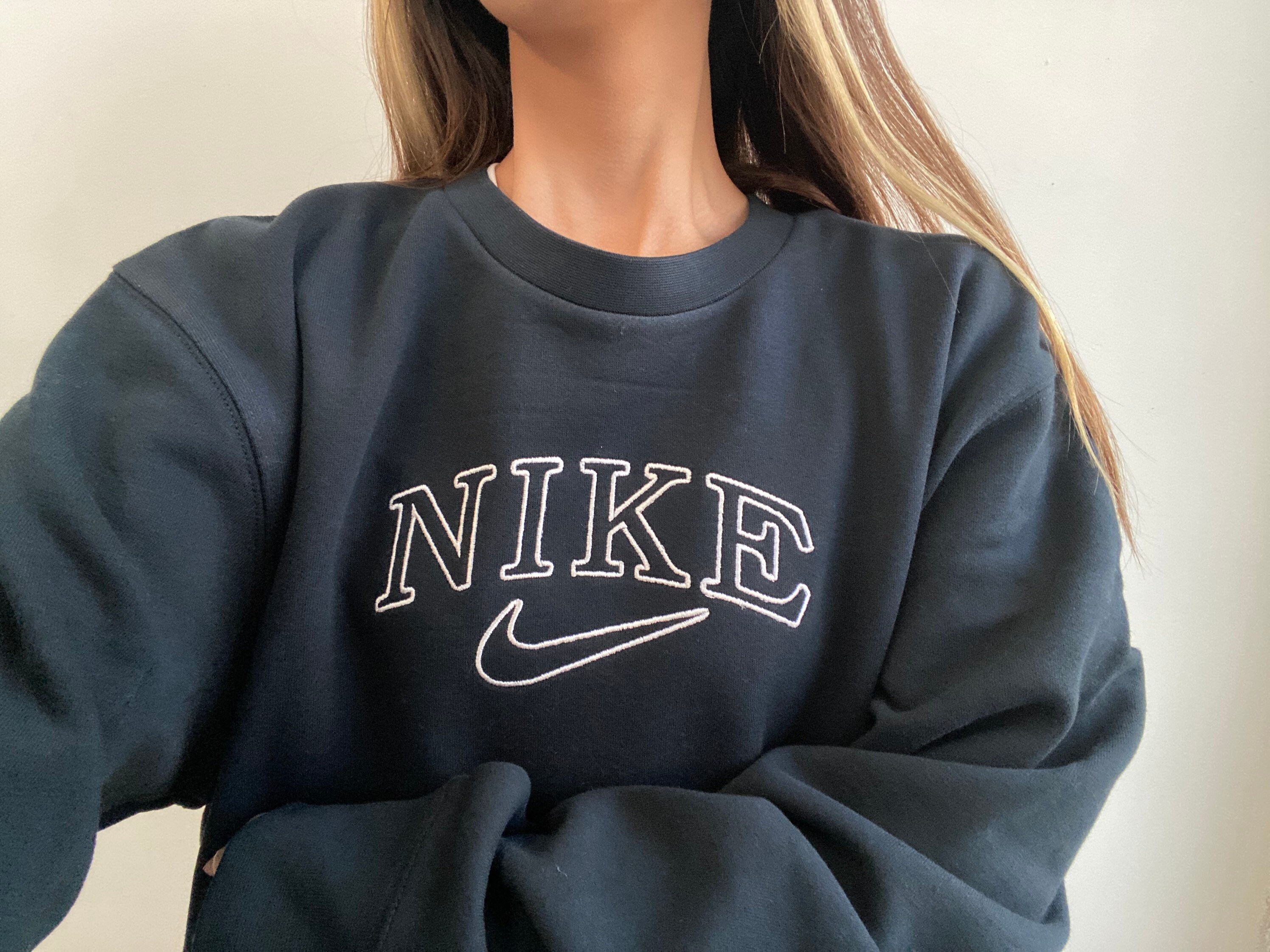 Embroidered VINTAGE N!KE Swoosh Inspired Sweater Crewneck NAVY Unisex