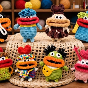 May include: A collection of colorful, handmade crochet figures with large mouths and expressive eyes. The figures are in various colors, including black, blue, green, and pink, and some have accessories like bows and keychains. They are displayed on a woven surface.