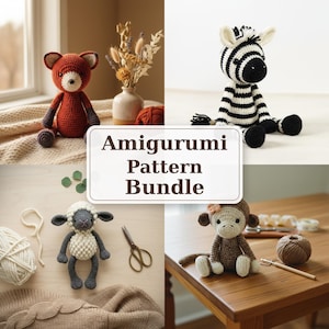 Könnte beinhalten: Eine Sammlung von vier gehäkelten Amigurumi-Spielzeugen, darunter ein rostfarbener Fuchs, ein schwarz-weiß gestreiftes Zebra, ein weiß-graues Schaf und ein brauner Affe. Der zentrale Text lautet Amigurumi Pattern Bundle in dunkelbrauner Schrift.