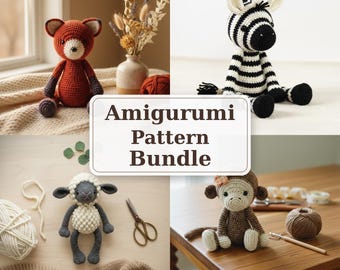 4 in 1 Crochet Animal Pattern Bundle PDF Amigurumi Fox Monkey Zebra Sheep Instant Download Beginner Friendly Animal Crochet Set