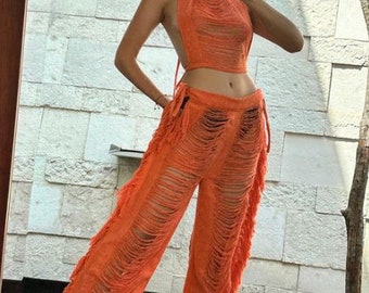 Handmade Frayed Beach Set Pants & Crop Top, "MILA" Beachwear, Organic Clothing, Boho Wedding, Women Swimwear, Summer Deals