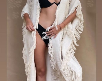 Handmade Frayed Beach Maxi Kimono-Caftan, Swim cover up "ZANZIBAR" Boho Wedding dress, Honeymoon Style, Bikini Cover-up, Bohemia Style