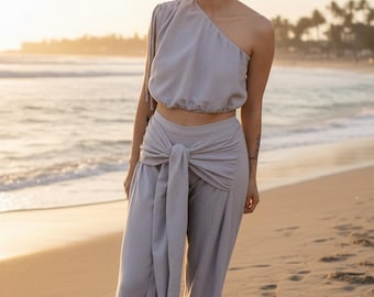 Handmade Cotton Set of Pants & Off-the-shoulder top "NUDO" | Organic Beachwear | Boho Style | Swimming Cove-Up | Gifts for her