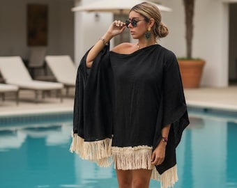Handmade Beach Poncho, boho wedding dress, Bikini Cover-Up, "ANDALUCIA", Wedding Gifts, Anniversary, Beach Dress, Summer Dress, Black