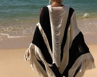 Handmade Frayed Beach Cape, boho wedding dress, Poncho-Kimono, "NI", Swim Bikini cover-up, Women Swimwear, Beach Dress, Mother's Day gift