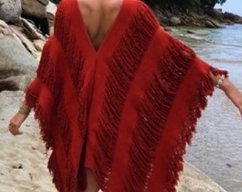 Handmade Boho Wedding Cape Poncho, Frayed Beach Coverup "RHIANNA" - Bohemian Bridal Midi Dress - Bridesmaid Beachwear, Honeymoon Resort Wear
