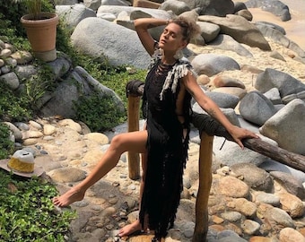 Handmade Frayed Maxi Beach Dress “Anna Barbas” – Organic Cotton Boho Cover-Up, Bikini Dress, Bridal or Bridesmaid Boho Maxi Dress