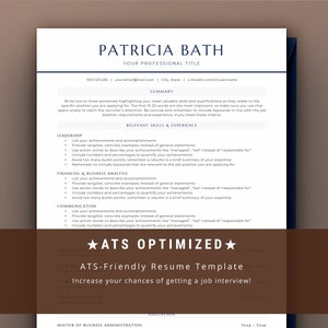 May include: A professional resume template with a clean, modern design. The document features a navy blue header with the name "PATRICIA BATH" and sections for summary, skills, and experience. The template includes the text "ATS OPTIMIZED" and "ATS-Friendly Resume Template".