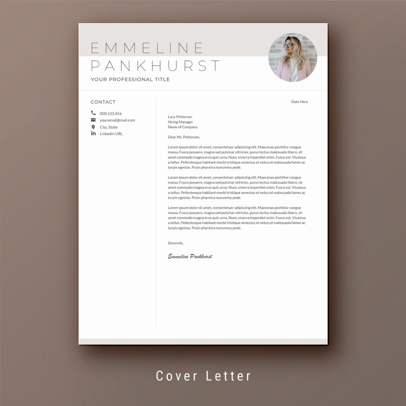 May include: A cover letter template with a professional design. The template includes a contact section with a phone number, email address, and LinkedIn URL. The letter is addressed to Lucy Petterson, Hiring Manager at a company. The letter includes a salutation, a body of text, and a closing.