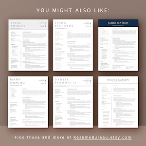 K&ouml;nnte beinhalten: Eine Sammlung von sechs minimalistischen Lebenslaufvorlagen in Schwarzwei&szlig; mit blauen Akzenten. Die Vorlagen zeichnen sich durch ein professionelles und modernes Design mit einem &uuml;bersichtlichen Layout aus. Der Text "You Might Also Like" wird oben im Bild angezeigt. Der Text "Find these and more at ResumeBureau.etsy.com" wird unten im Bild angezeigt.