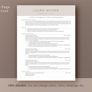 Pu&ograve; includere: Un modello di curriculum vitae beige con il titolo "Versione a pagina singola" e l'intestazione "LAURA WILDER, INSEGNANTE DI SCUOLA ELEMENTARE". Il curriculum vitae include sezioni per "Profilo professionale", "Competenze", "Esperienza lavorativa" e "Istruzione".