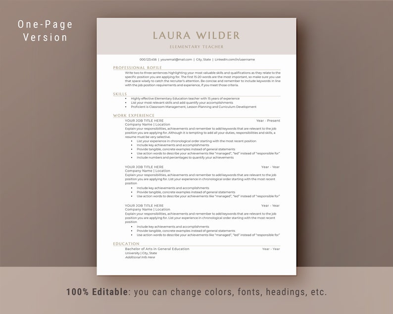 Pu&ograve; includere: Un modello di curriculum vitae beige con il titolo "Versione a pagina singola" e l'intestazione "LAURA WILDER, INSEGNANTE DI SCUOLA ELEMENTARE". Il curriculum vitae include sezioni per "Profilo professionale", "Competenze", "Esperienza lavorativa" e "Istruzione".