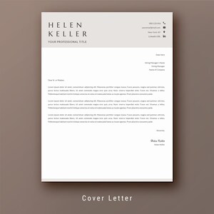 Pu&ograve; includere: Un modello di lettera di presentazione in bianco e nero con il nome Helen Keller e il titolo "Your Professional Title" in alto. Il testo "Cover Letter" &egrave; centrato in basso nella pagina.
