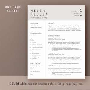 Pu&ograve; includere: Un modello di curriculum vitae di una pagina con un design moderno. Il curriculum &egrave; per Helen Keller e include sezioni per l'istruzione, le competenze, l'esperienza lavorativa, le certificazioni e un riepilogo. Il curriculum &egrave; modificabile al 100%, consentendo agli utenti di modificare colori, caratteri, intestazioni e altri elementi.