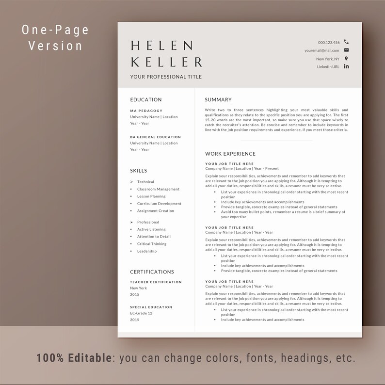 Pu&ograve; includere: Un modello di curriculum vitae di una pagina con un design moderno. Il curriculum &egrave; per Helen Keller e include sezioni per l'istruzione, le competenze, l'esperienza lavorativa, le certificazioni e un riepilogo. Il curriculum &egrave; modificabile al 100%, consentendo agli utenti di modificare colori, caratteri, intestazioni e altri elementi.