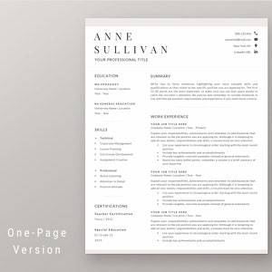 Peut inclure: Un mod&egrave;le de CV d'une page avec le nom "ANNE SULLIVAN" en haut. Le CV comprend des sections pour l'&eacute;ducation, les comp&eacute;tences, l'exp&eacute;rience professionnelle et les certifications. Le texte est dans une police claire et moderne sur fond blanc.