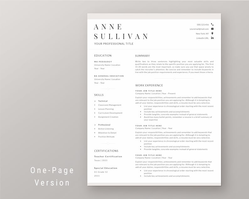 Peut inclure: Un mod&egrave;le de CV d'une page avec le nom "ANNE SULLIVAN" en haut. Le CV comprend des sections pour l'&eacute;ducation, les comp&eacute;tences, l'exp&eacute;rience professionnelle et les certifications. Le texte est dans une police claire et moderne sur fond blanc.