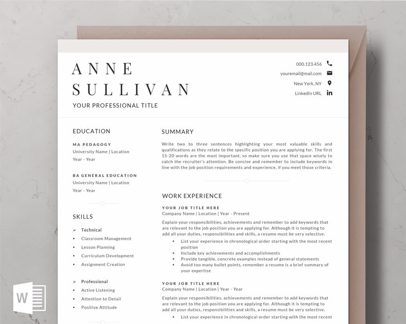 Peut inclure: Un mod&egrave;le de CV professionnel avec le nom ANNE SULLIVAN en haut. Le CV comprend des sections pour l'&eacute;ducation, les comp&eacute;tences et l'exp&eacute;rience professionnelle. Le CV est imprim&eacute; sur du papier blanc avec une bordure rose clair.