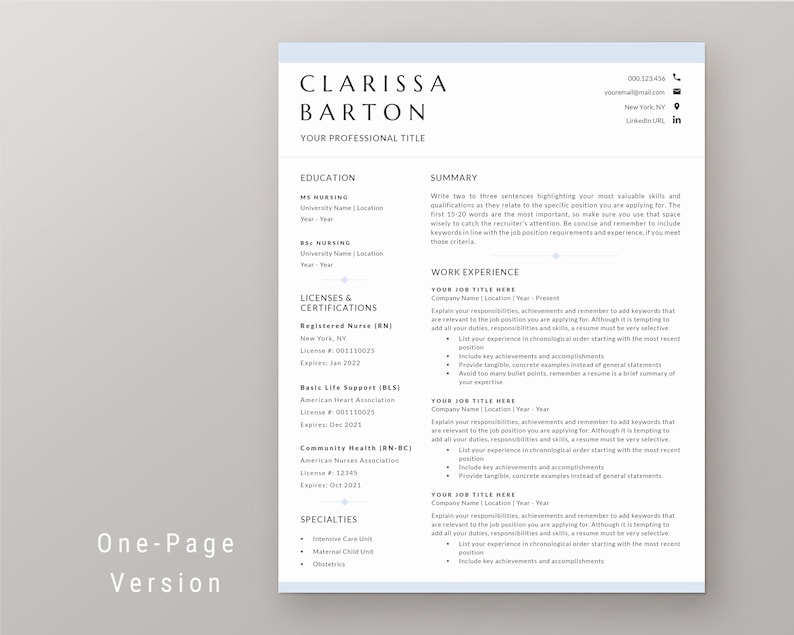 Nursing Resume Template | Nurse CV Template | Registered Nurse, Nurse Practitioner, RN, Doctor, Graduate Nurse, Two Page Resume for Word image 2
