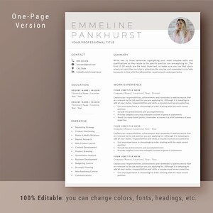 May include: A beige resume template with a professional headshot of a woman. The template includes sections for contact information, summary, education, work experience, and expertise. The text "100% Editable: you can change colors, fonts, headings, etc." is at the bottom of the page.