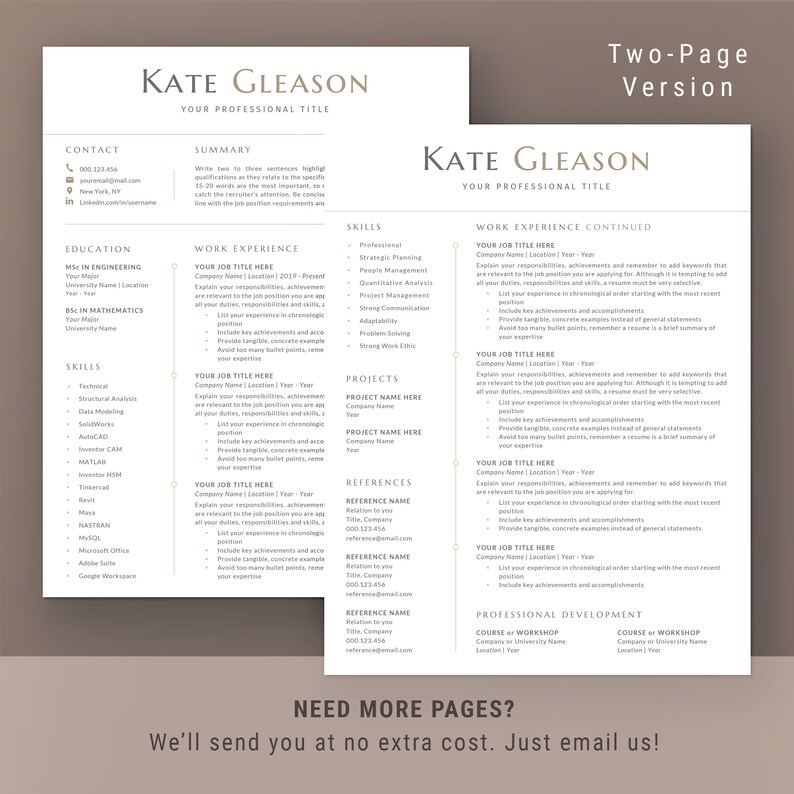 K&ouml;nnte beinhalten: Eine zweiseitige Lebenslaufvorlage im minimalistischen Stil mit braunem Hintergrund und wei&szlig;em Text. Der Lebenslauf ist f&uuml;r Kate Gleason, die eine Berufsbezeichnung, Kontaktinformationen, Ausbildung, Berufserfahrung, F&auml;higkeiten, Projekte und Referenzen hat. Der Lebenslauf enth&auml;lt auch einen Abschnitt f&uuml;r die berufliche Entwicklung.