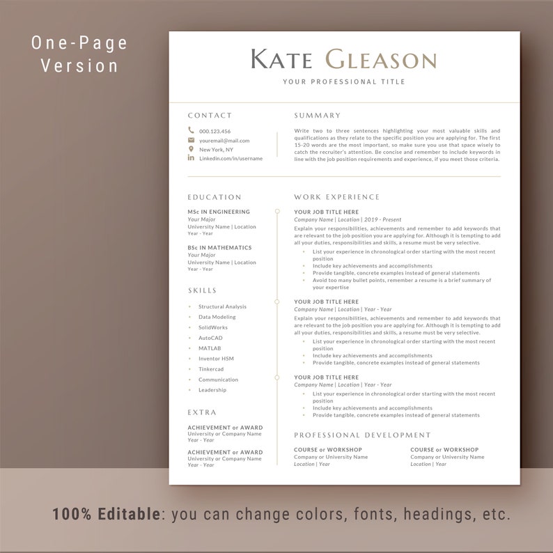 K&ouml;nnte beinhalten: Eine einseitige Lebenslaufvorlage mit braunem Hintergrund und wei&szlig;em Text. Der Lebenslauf ist f&uuml;r Kate Gleason und enth&auml;lt Abschnitte f&uuml;r Kontaktinformationen, Zusammenfassung, Ausbildung, F&auml;higkeiten, Berufserfahrung, Extras und berufliche Entwicklung.