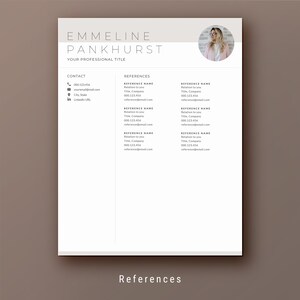 May include: A resume template with a professional headshot, contact information, and a section for references. The template is designed for a job seeker to showcase their skills and experience.