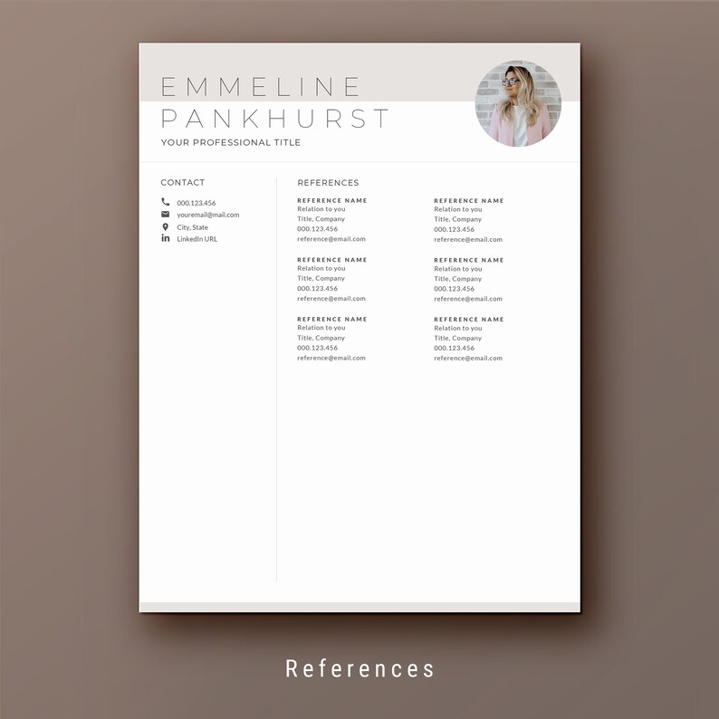 May include: A resume template with a professional headshot, contact information, and a section for references. The template is designed for a job seeker to showcase their skills and experience.