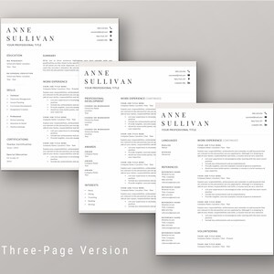 Peut inclure: Un mod&egrave;le de CV en trois pages avec le nom "ANNE SULLIVAN" en haut de chaque page. Le CV comprend des sections pour l'&eacute;ducation, l'exp&eacute;rience professionnelle, les comp&eacute;tences, les certifications et les centres d'int&eacute;r&ecirc;t. Le texte "Three-Page Version" est en bas.