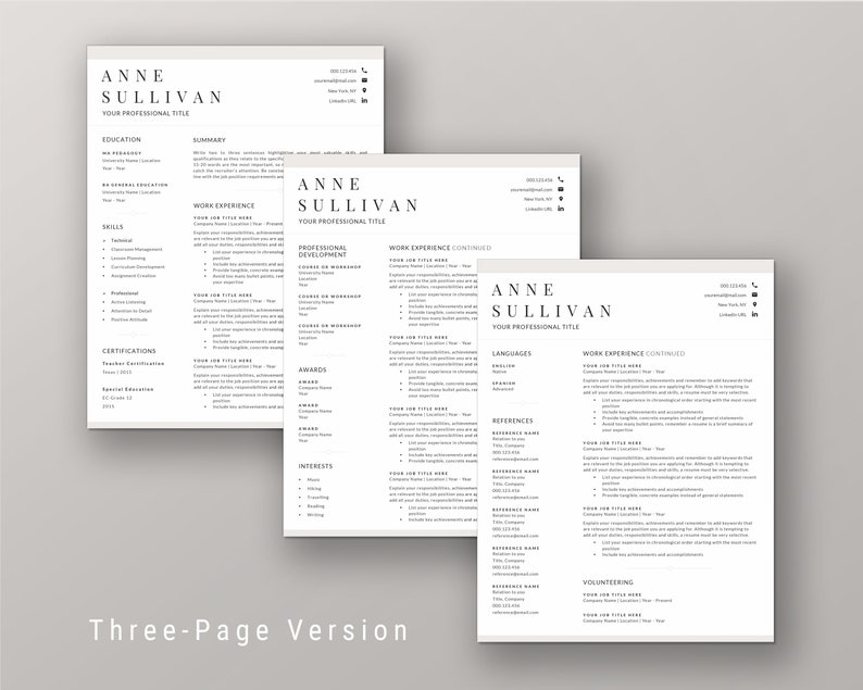 Peut inclure: Un mod&egrave;le de CV en trois pages avec le nom "ANNE SULLIVAN" en haut de chaque page. Le CV comprend des sections pour l'&eacute;ducation, l'exp&eacute;rience professionnelle, les comp&eacute;tences, les certifications et les centres d'int&eacute;r&ecirc;t. Le texte "Three-Page Version" est en bas.