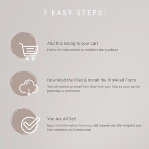 Peut inclure: Une image avec le texte "3 EASY STEPS:" et des instructions. Les &eacute;tapes incluent l'ajout d'une annonce au panier, le t&eacute;l&eacute;chargement de fichiers et l'installation de polices, et la saisie d'informations dans un mod&egrave;le. Le fond est beige clair.