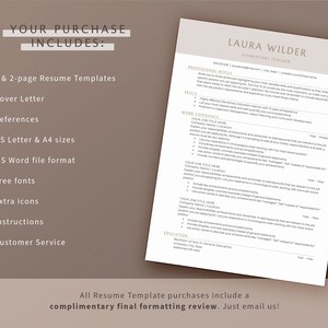 Pu&ograve; includere: Un modello di curriculum vitae beige e marrone per un insegnante di scuola elementare. Il modello include sezioni per un profilo professionale, competenze, esperienza lavorativa e istruzione. Il testo "YOUR PURCHASE INCLUDES" &egrave; elencato sul lato sinistro dell'immagine con un elenco di elementi inclusi nell'acquisto. Il testo "All Resume Template purchases include a complimentary final formatting review. Just email us!" &egrave; in fondo all'immagine.
