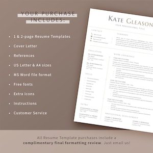 K&ouml;nnte beinhalten: Ein braunes und beiges Lebenslauf-Template mit dem Text "Ihr Kauf beinhaltet:" und einer Liste der im Kauf enthaltenen Elemente. Das Template enth&auml;lt auch einen Beispiel-Lebenslauf mit dem Text "Kate Gleason, Ihre Berufsbezeichnung".
